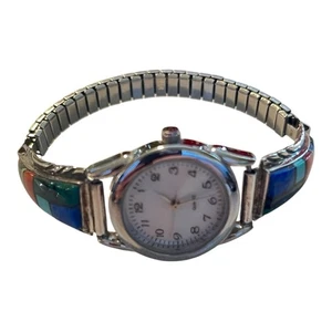 Orologio da donna vintage Navajo in argento sterling turchese. Fascia Elastica Fransico - Foto 1 di 4