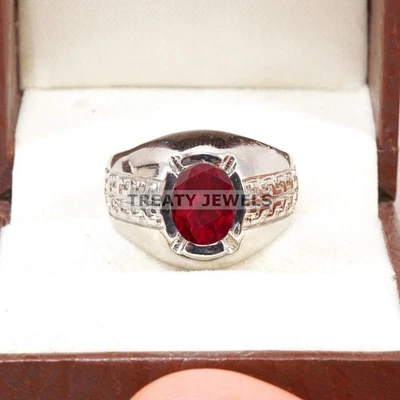 Piedras preciosas de corte ovalado de rubí con anillo de plata de ley 925 para hombre #B559 # Foto 1 de 4