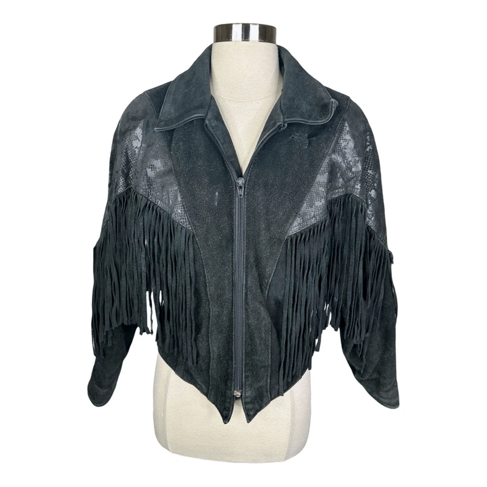 Chaqueta Moto Vintage Años 90 CHIA Negra Gamuza Flecos Talla Mediana Cuero Recortado Foto 1 de 4