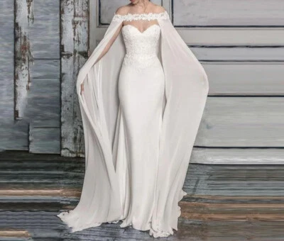White Chiffon Wedding Dresses Off Shoulder Lace Jackets Cloaks Bridal Gowns - Image 1 of 4