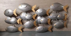 School of Fish Metal 3D Textured Hanging Wall Sculpture Gray Gold MCM 18x9 India - Picture 1 of 6
