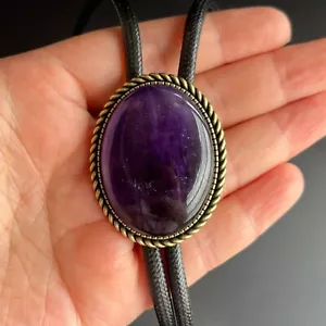 Natural Amethyst Stone Mens Bolo Tie Cowboy Vintage Alloy Waxed Rope Wedding - Picture 1 of 9