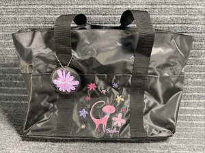 Barbie Hallmark Black Handy Tote Bag 3 Pocket w/ Embroidered Pink Cat & Flowers - Picture 1 of 6