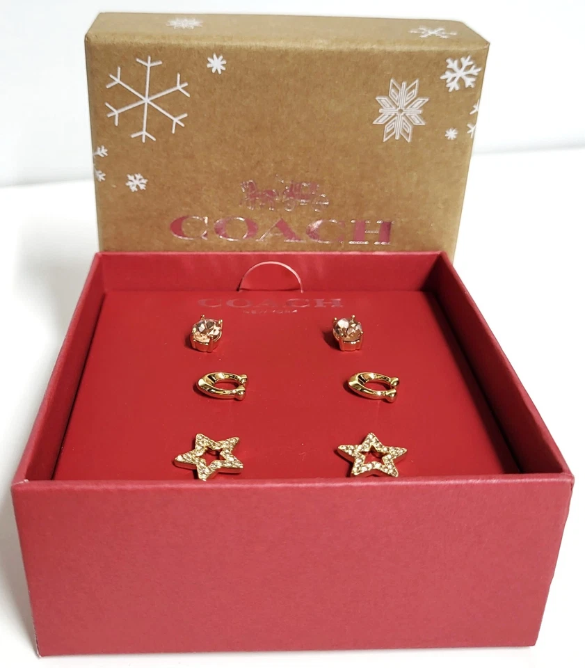 Coach Signature Star Stud Earring Set Gold Pink Multi Plated Brass CF985