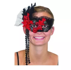 Day of the Dead Mask - Feather - Lace - Black/Red - Costume Accessory - Picture 1 of 2