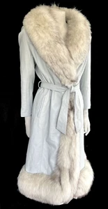 Leather & Norwegian FOX Fur Long Spy Coat, Real Vintage Belted Jacket, Gray Blue - Picture 1 of 8