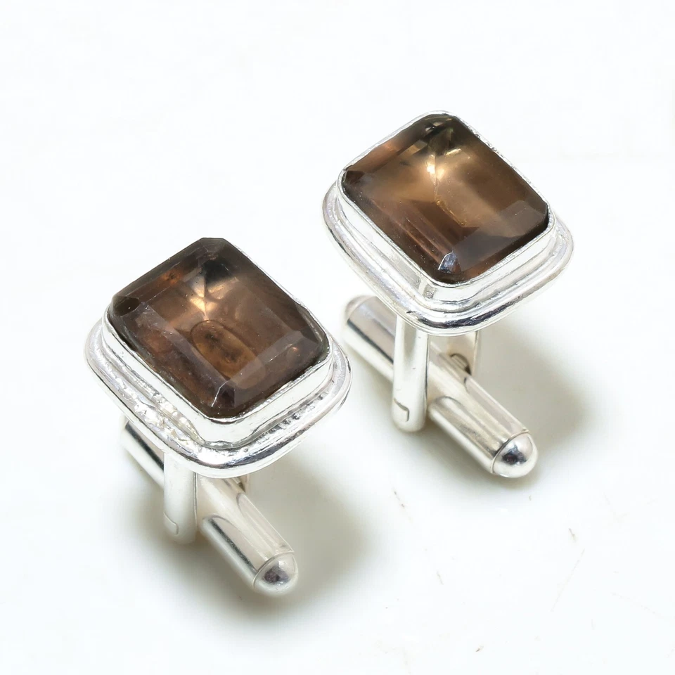 Gemelos hechos a mano de plata de ley 925 con piedras preciosas de topacio ahumado Stnd. Foto 1 de 4