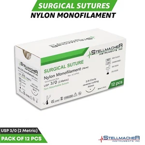 3/0 Suture Nylon Practice Sutures Thread Sterile Threads & Needles 12 Pcs - Picture 1 of 5