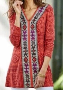 SOFT SURROUNDINGS Womens Size Med Kalahari Embroidered Tribal Print V-Neck Tunic - Picture 1 of 6