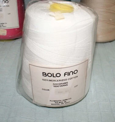 Bolo Fino Plymouth Yarn 100% Mercerized Cotton Cone Fast Ship Aqua White Tan Pin - Image 1 of 2
