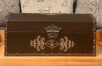 Handsome Rustic Brown Faux Leather Ornate Embroidered Design Box, Decorative, St - Image 1 of 4