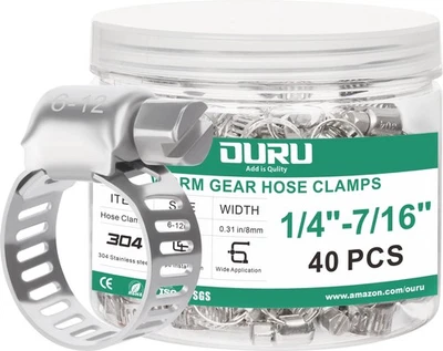 OURU 40PCS Hose Clamps Stainless Steel Adjustable 1/4" 7/16"(6-12mm) Worm Gear Heavy