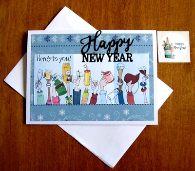 Handmade Happy New Year Greeting Card w Verse, Env, Seal - Here's to you Toast - Image 1 of 4