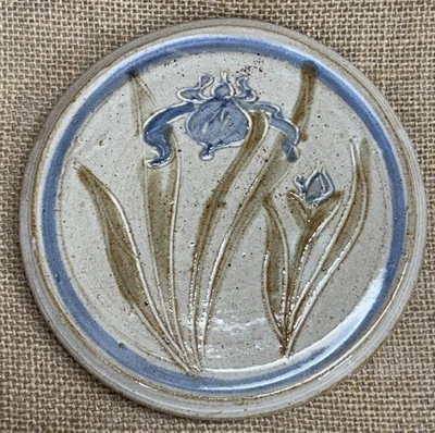 Studio Made Stoneware Ceramic Round Trivet Hot Plate Gray With Blue Iris Flowers - Image 1 of 4