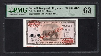 Burundi 10 Francos 31-12-1965 P9s "Especimen" Sin Circular Grado 63 Foto 1 de 2