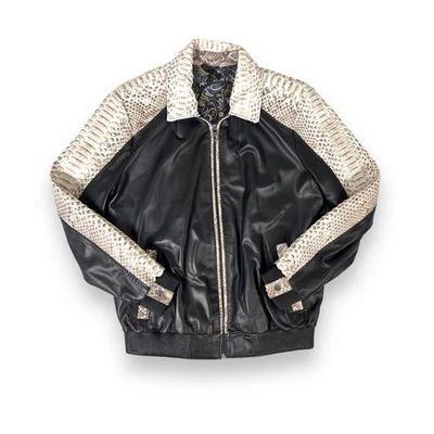 DLNYC - Daniel’s Leather Men’s Beige Python-Accented Baseball Leather Jacket - Image 1 of 2