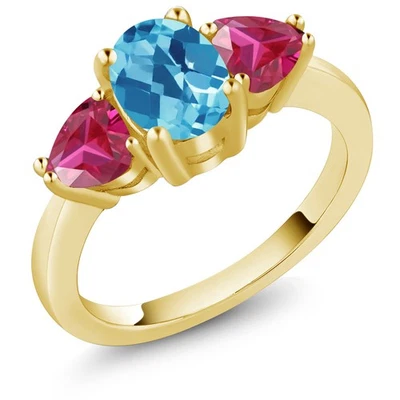 2.16 Ct   Swiss Blue Topaz Red Created Ruby 18K Yellow Gold Plated Silver Ring Foto 1 de 4