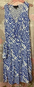 DONNA MORGAN Belted Faux Wrap Sleeveless Dress Women’s Sz 2 Geometric Blue - Picture 1 of 10