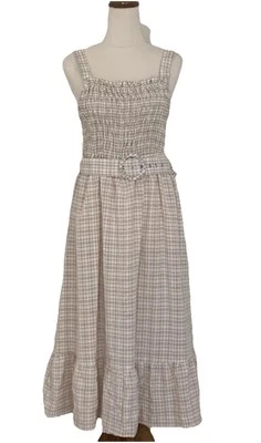 Rockmans Women's 16 Check Gingham Midi Maxi Dress Shirred Stretch, Cream White - image 1 of 4
