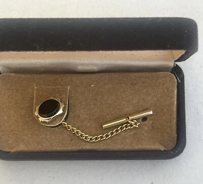 Vintage Foster Ónix Negro, Tono Dorado, Tie Tack - Tie Back. Antiguo stock nuevo Foto 1 de 4
