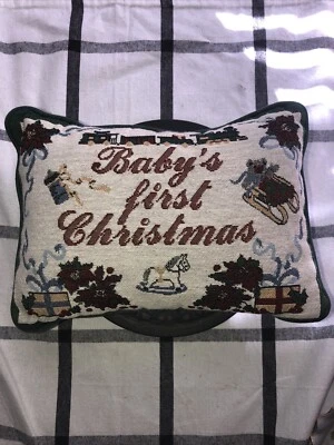 Vtg Baby's First Christmas Tapestry Pillow 12x8 Cottage Clean Used VG - Image 1 of 4