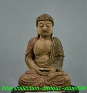 9" Old Chinese Dynasty Wood lacquerware Shakyamuni Amitabha Buddha Statue - Picture 1 of 9