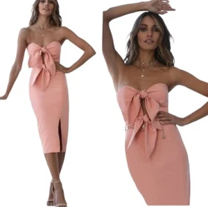 Runaway the label Strapless dress blush/pink Sze 8 midi slit bow cocktail party - Picture 1 of 6