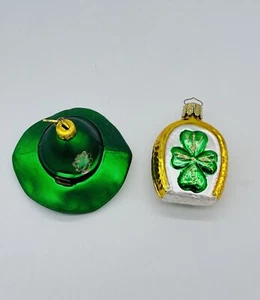 St Patrick's Day Shamrock Ornaments Lot 2 Blown Glass Irish Hat Good Luck - Picture 1 of 8