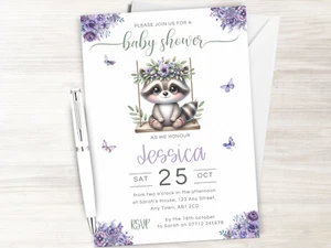 Racoon on Swing Baby Shower Party Invitations - Gender Neutral Invites - Picture 1 of 2