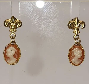 Cameo Drop Fleur De Lis Earrings 12kt Gold Filled - Picture 1 of 8