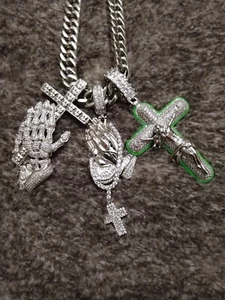 Men's Silver Stainless Steel Tight Link Cuban Chain And Pendants Set!! - Picture 1 of 24