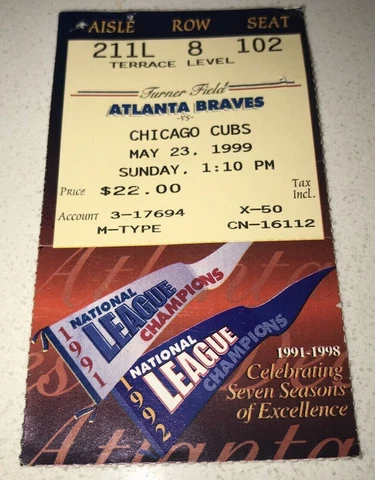 5/23/99 Chicago Cubs / Atlanta Braves Turner Field MLB Ticket Stub Sosa HR #287 Cover
