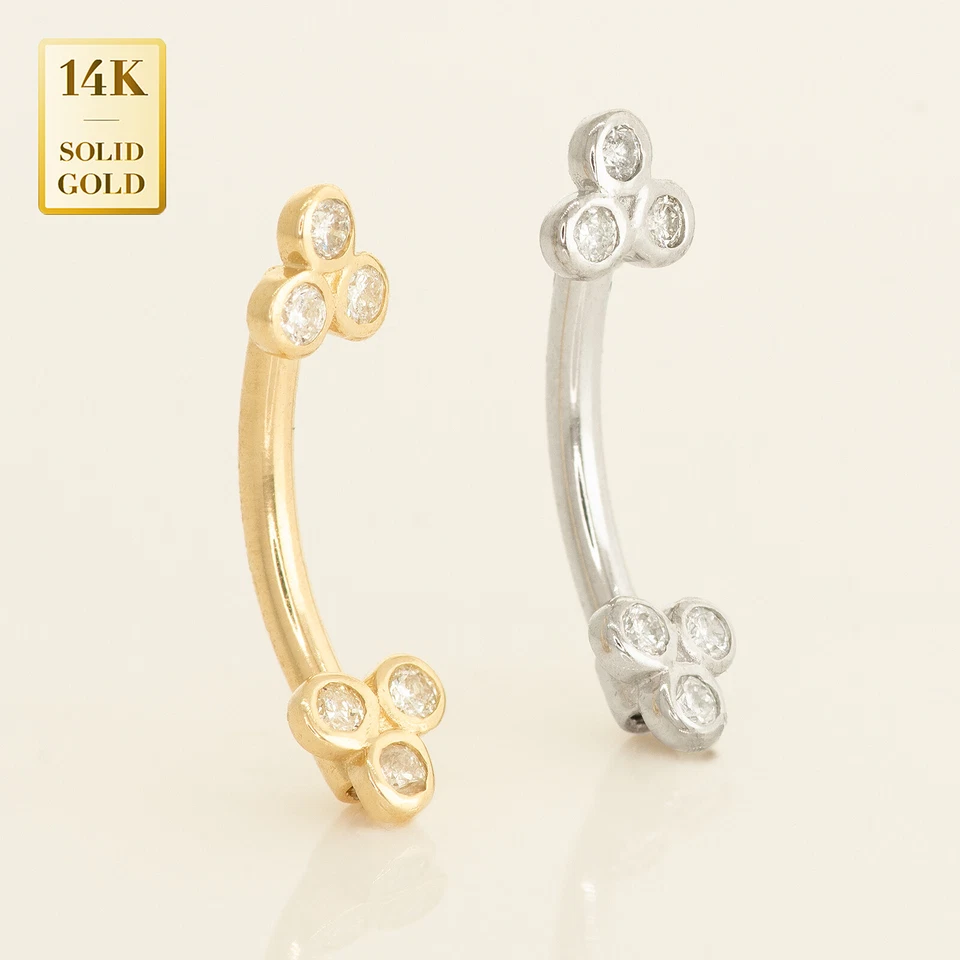 14K Solid Gold Diamond Trinity Curved Barbell Eyebrow Body Piercing Earring 16 - Image 1 of 1