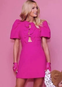 Rebecca Vallance AU 12 US 8 Pink Cecily Bow Mini Dress Puff Sleeve Like New - Picture 1 of 17
