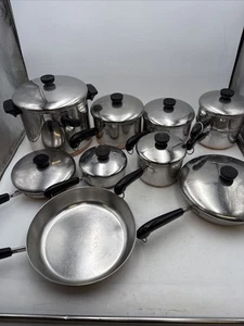 Vtg Revere Ware Copper Bottom 18 pcs Stock Pot Frypans 7 Lids Steamer Insert VGC - Picture 1 of 24