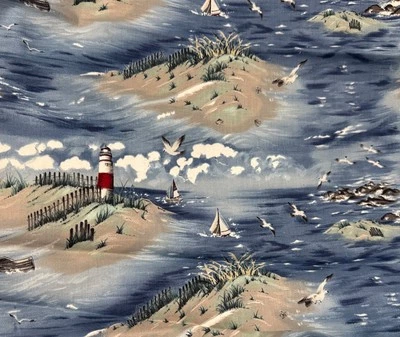 Vintage Timeless Treasures Beacon Lighthouse Fabric Ocean By The Yard - Image 1 of 4