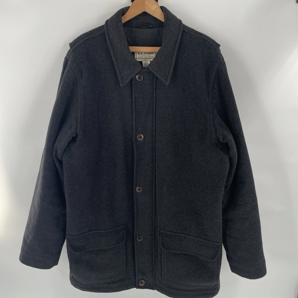 LL Bean Gray Full Zip Wool Pea Coat Jacket Mens Size L Thinsulate Quilted Lined - Image 1 of 4