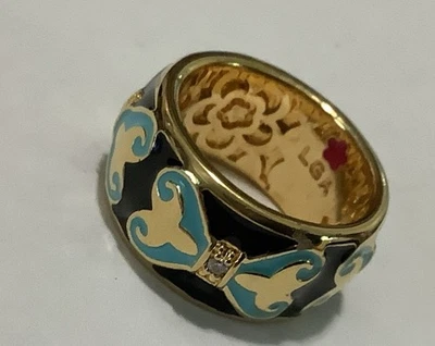 Lauren G Adams Black Enamel & Blue Bows Clear Cz’s, Gold Plated (116) Size 7 - Image 1 of 3