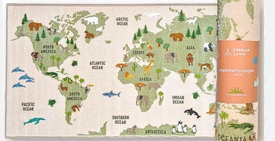 BRAND NEW Educational World Map Rug, 30+ Animals! Cabana Juno Explorers Carpet. - Image 1 of 4