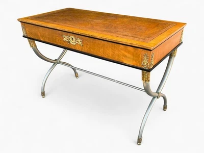 Antique English Regency Revival Leather Writing Desk Brass Ormolu Mounts X-Base - Image 1 of 4