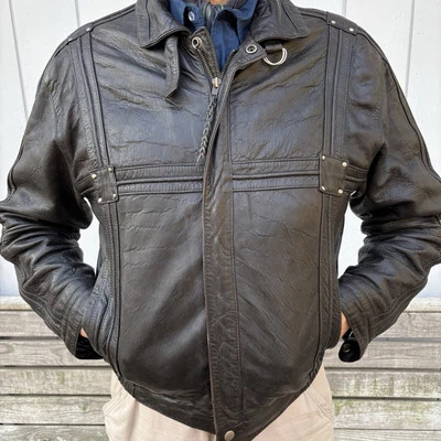 BRUNO GIOVANNI — Chaqueta de motocicleta de cuero marrón oscuro vintage — 42 para hombre — Corea — en muy buena condición Foto 1 de 4