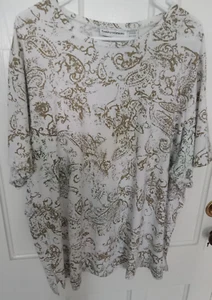 CATHY DANIELS Short Sleeve White/Tan Paisley Scoop Neck Poly Blend Top 3X - Picture 1 of 5