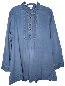 Coldwater Creek Denim Pintuck Pleated Button Up Boho Coastal Preppy Tunic 2x - Picture 1 of 8