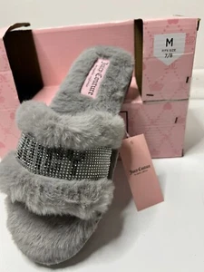Women's JUICY COUTURE Gray Fluffy Faux Fur Slide Sandal Slipper w/ Gems Size 7-8 - Picture 1 of 8
