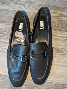 DKNY Black Leather Loafers Silver Buckle Size UK 9 Slip On Brand New - Picture 1 of 12