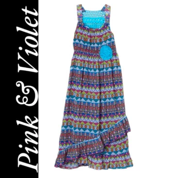 Pink & violet maxi dress girls size 4 blue tribal crochet short sleeve lining - Image 1 of 4