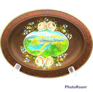 Hand Painted Wooden Trinket Dish Bowl Floral Miniature Art Landscape Scene Decor