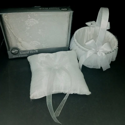Lote 3 Wilton Invitado Libro Boda Anillo Portador Almohada Flor Niña Cesta 1050 Foto 1 de 4