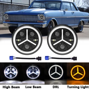 Pair 7'' inch Round LED Headlights Hi Lo Beam for Chevrolet Chevy Nova 1963-1978 - Picture 1 of 7