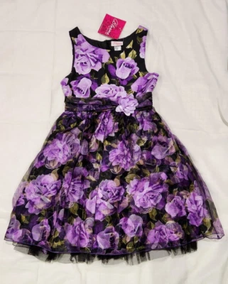 Bloome de Jeune Purple Satin Chiffon Mesh Floral Formal Party Dress Girls Sz 14 - Image 1 of 4